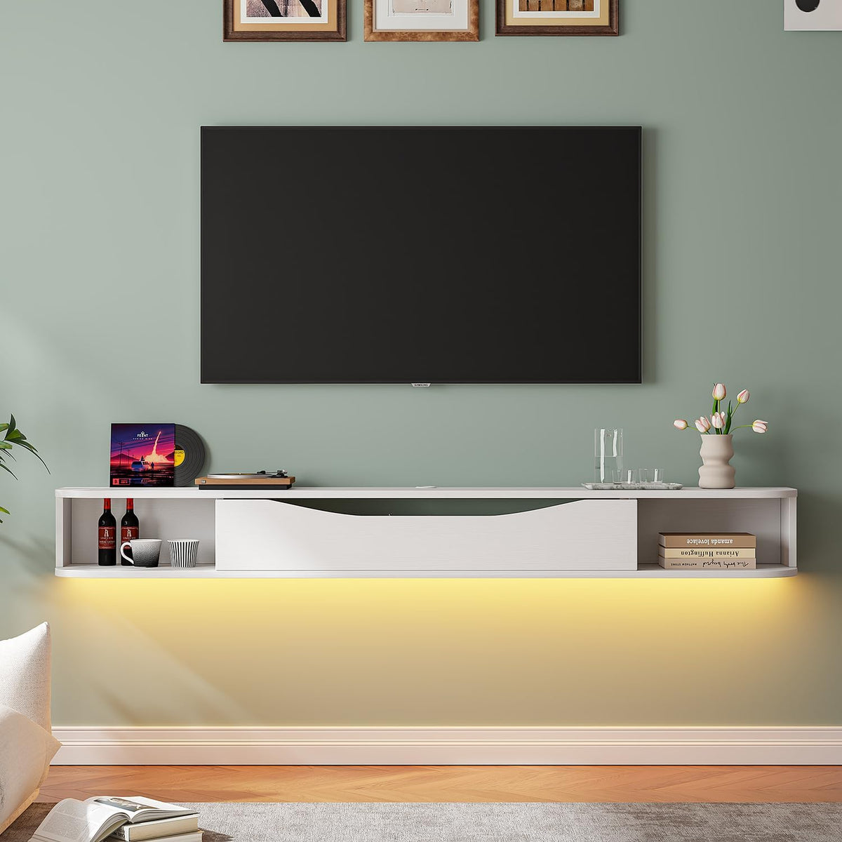 Floating TV Stand,94'' Wall Mounted TV Cabinet,Floating TV Console,Under TV Shelf with 1 Door and 2 Cabinets for TVs up to 90''(White)