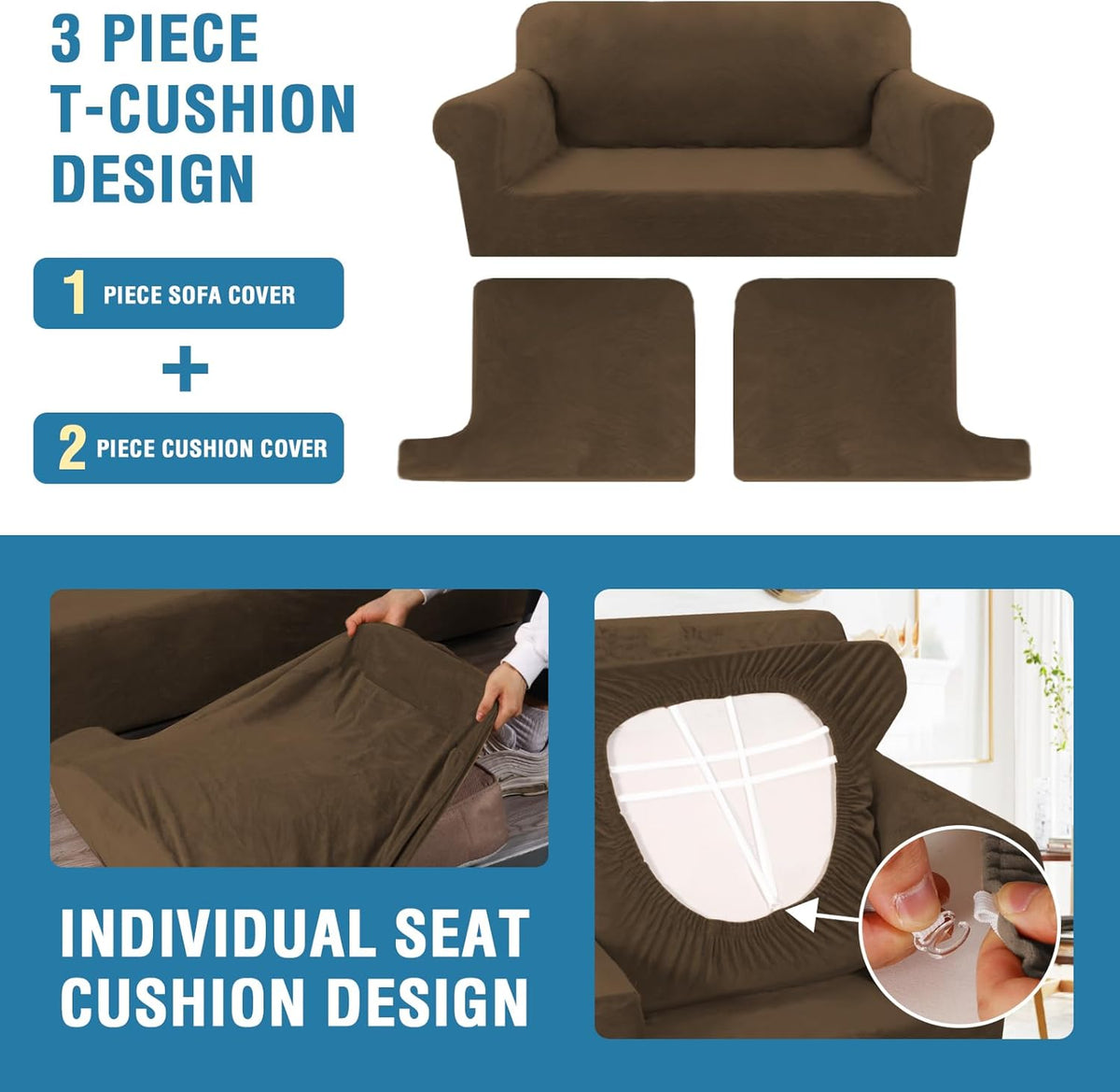 H.VERSAILTEX Sofa Cover 3 Piece T Cushion Sofa Slipcovers Thick Velvet Couch Cover Stretch T Cushion Sofa Covers for 2 Cushion Couch with 2 Individual T Cushion Covers, Bronze Brown