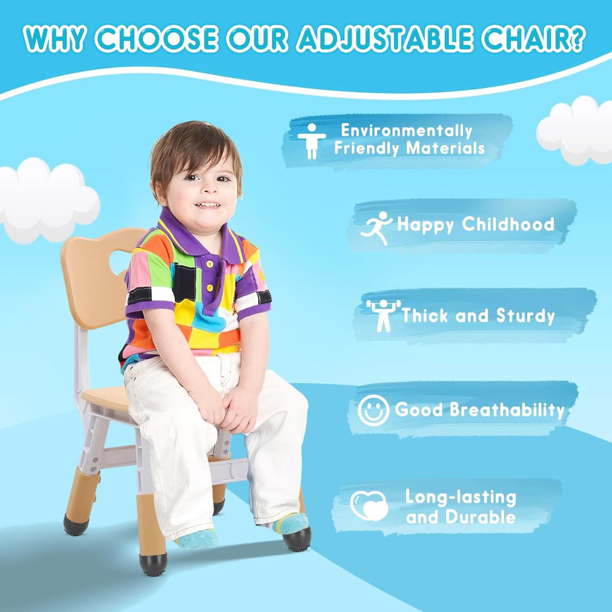 Kids Height Adjustable Toddler Chair Max Load 220LBS Plastic Indoor Outdoor for Children Age 1-6 School Home Daycare Use Burlywood