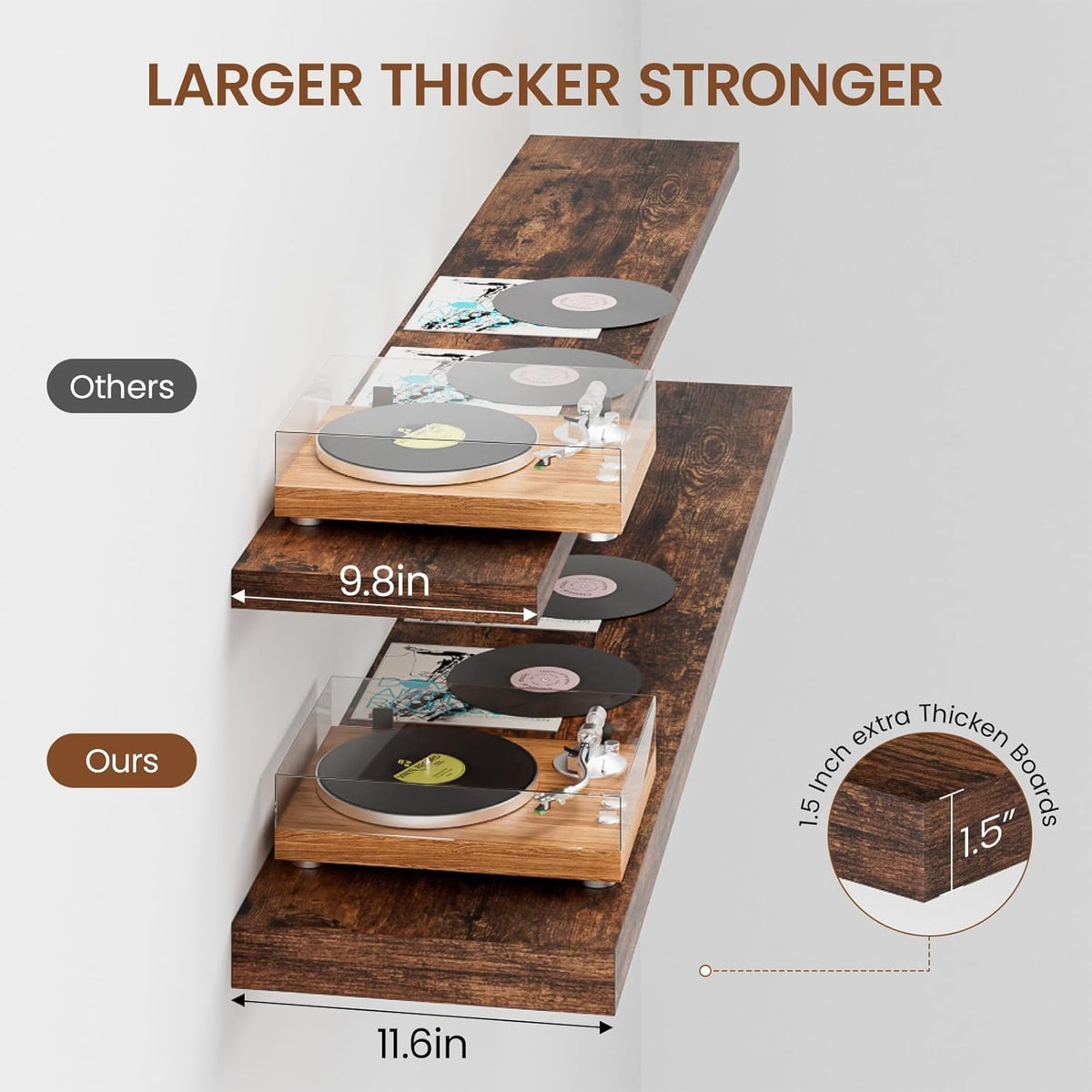 Heimlove 12 Inch Deep Floating Shelves, 55 x 12 inch Extra Long Floating Shelves for Wall, Large Display Shelf & Storage Shelf for Living Room Bedroom Kitchen Home Office, Set of 2, Rustic Brown