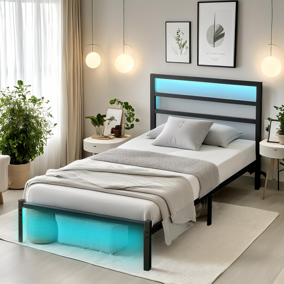 Twin Bed Frame with Headboard,Heavy Duty Steel Slats Support-LED Bed Frame with USB Charging Station,Mattress Foundation-Under Bed Storage,No Box Spring Needed,Noise Free，Black