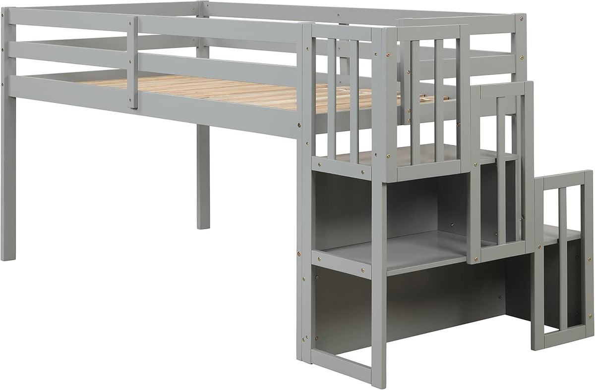HomSof Loft Bed with Stairs and Storage,Gray