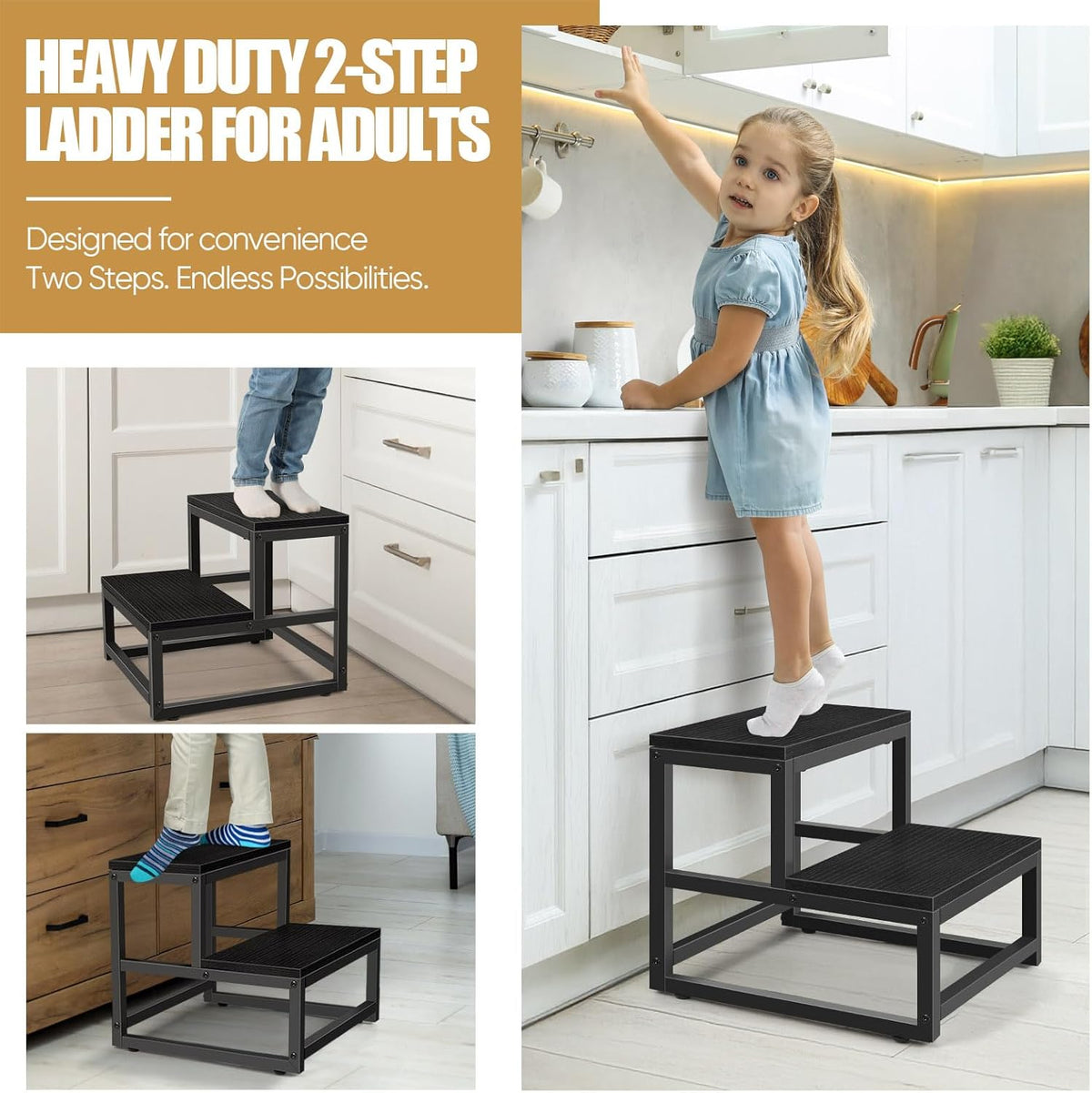 Wood and Metal 2 Step Stool for Adults & Kids – Heavy Duty Rustic Step Stools, 500 Lbs Capacity Non-Slip Stepping Stool for High Beds, Kitchen, Bathroom, Closet, Durable Foot Stool for Home Use,Black