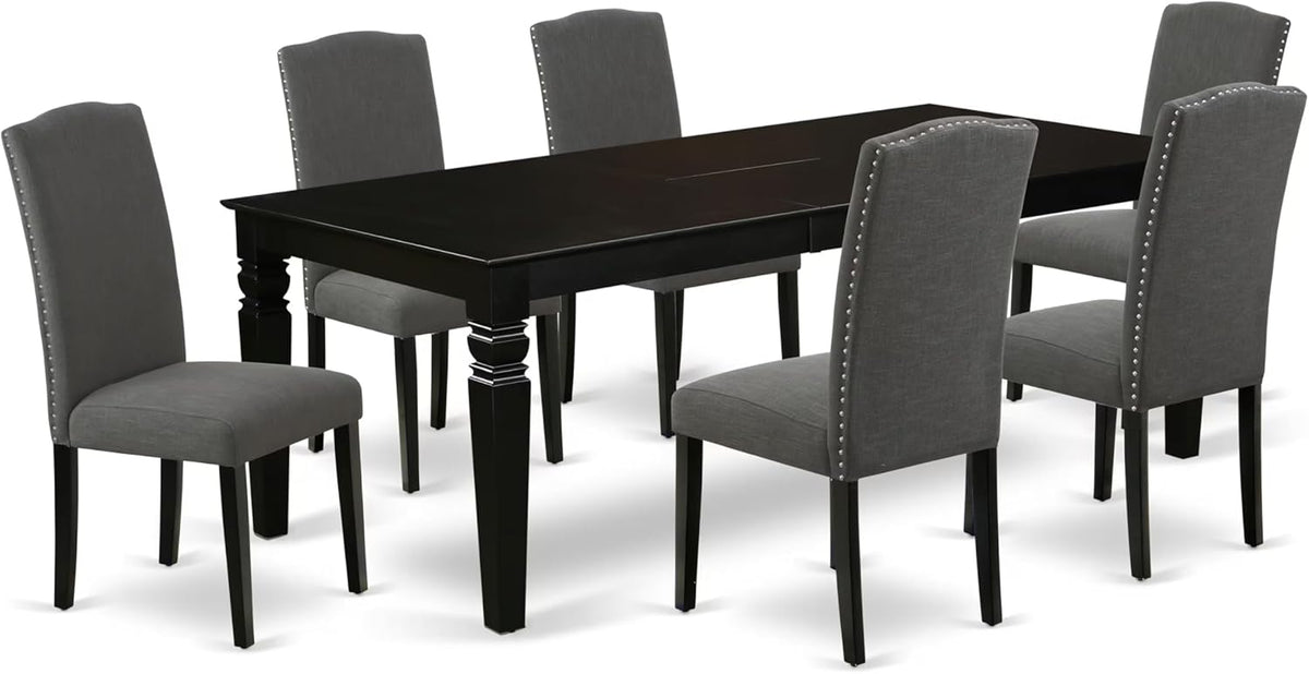 East West Furniture LGEN7-BLK-20 7 Piece Kitchen Table Set Consist of a Rectangle Dining Table with Butterfly Leaf and 6 Dark Gotham Linen Fabric Parson Chairs, 42x84 Inch, Black