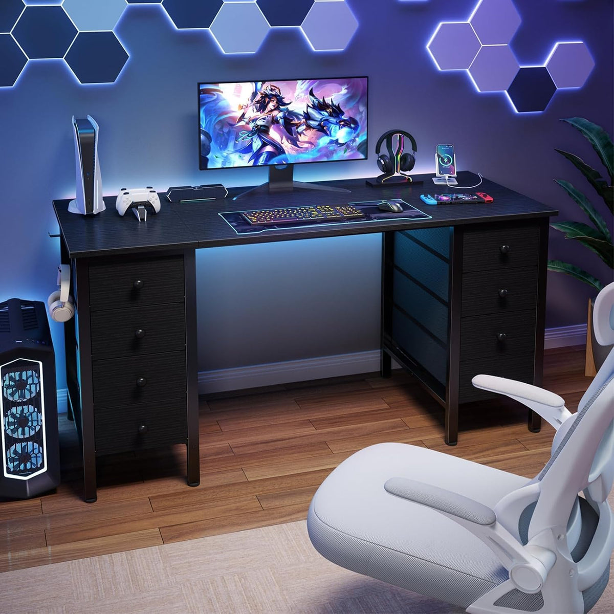 Black Gaming Desk with Fabric Drawers on Both Sides, 55 Inch Home Office Computer Study Writing Work PC Desk with 8 Storage Drawers Storage for Bedroom