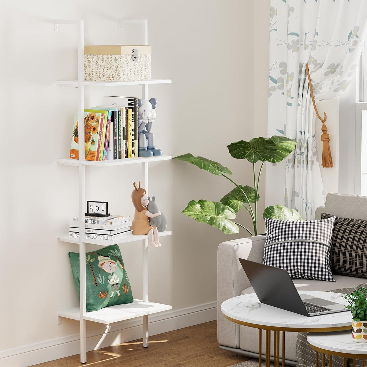 Ladder Shelf 4 Tiers Metal Industrial Bookshelf,White Wooden Tall Open Storage Rack and Display Shelves,Wall Mount Wide Bookcase for Home Office Bedroom,Small