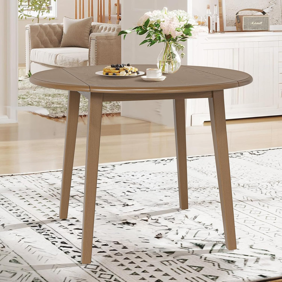 COLAMY 5-Piece Extendable Dining Table Set for 4, 36" Kitchen Round Wood Table with 4 Nailhead Dining Room Chairs,Light Brown/White&Grey Flower
