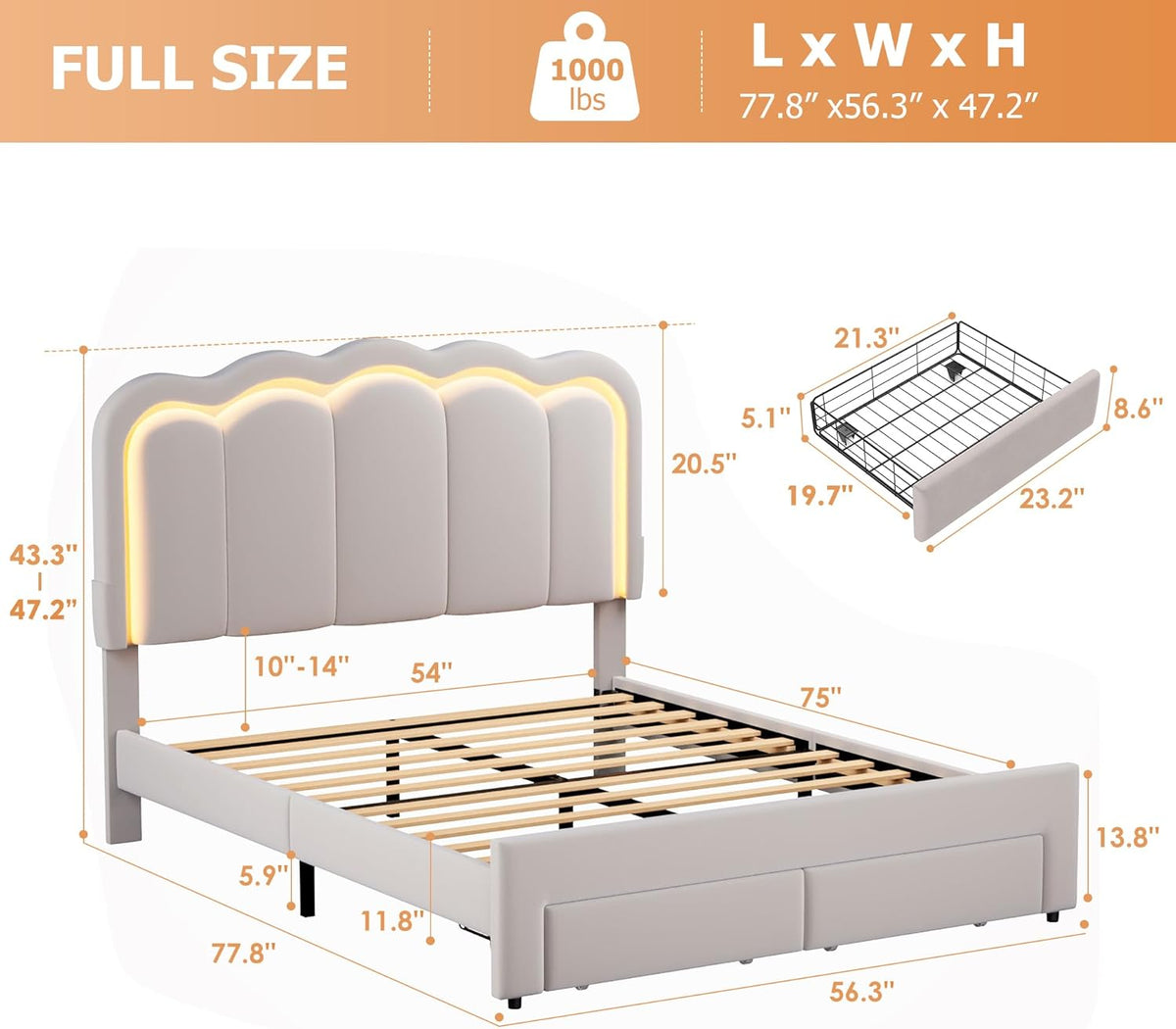 Full Upholstered LED Bed Frame with 2 Storage Drawers and Adjustable Chic Double Wavy Headboard, Velvet Prince Platform Bed with Charing Station, Solid Wood Slats Support,No Box Spring Needed,Grey