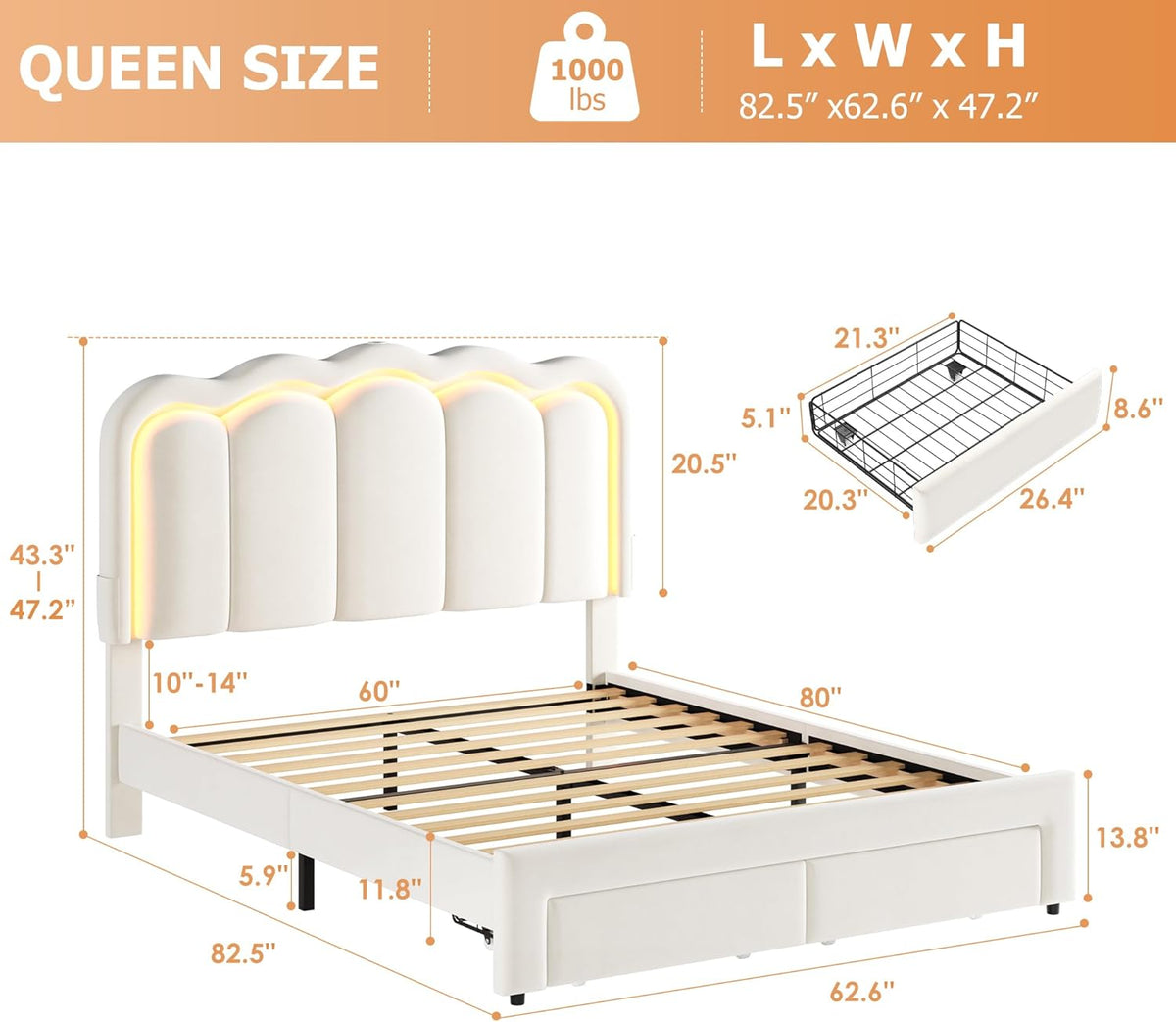 Queen Upholstered LED Bed Frame with 2 Storage Drawers and Adjustable Chic Double Wavy Headboard, Velvet Princess Platform Bed with Charing Station, Solid Wood Slats Support,No Box Spring Needed,Beige