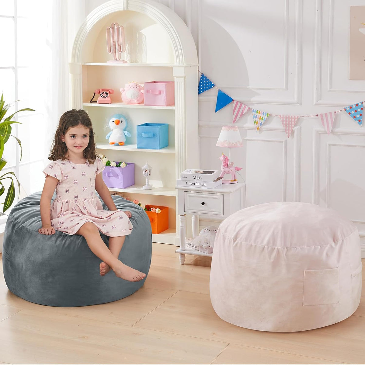 Kids Bean Bag Chair Bed - Convertible Lazy Chair to Floor Mattress with Filler - Small Beanbag Chair for Boys and Girls - Floor Couch Sofa in Bedroom, Classroom, Reading Nook - Charcoal