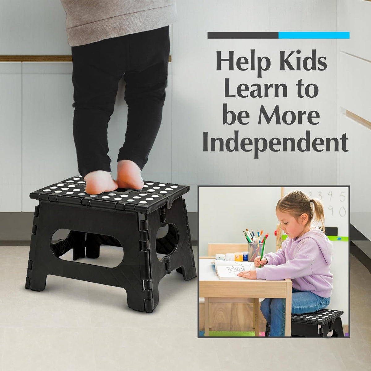 Handy Laundry Folding Lightweight Step Stool - Sturdy Enough to Support Adults and Safe Enough for Kids - Opens Easy with One Flip - Great for Kitchen, Bathroom or Bedroom (Black | 2-Pack)