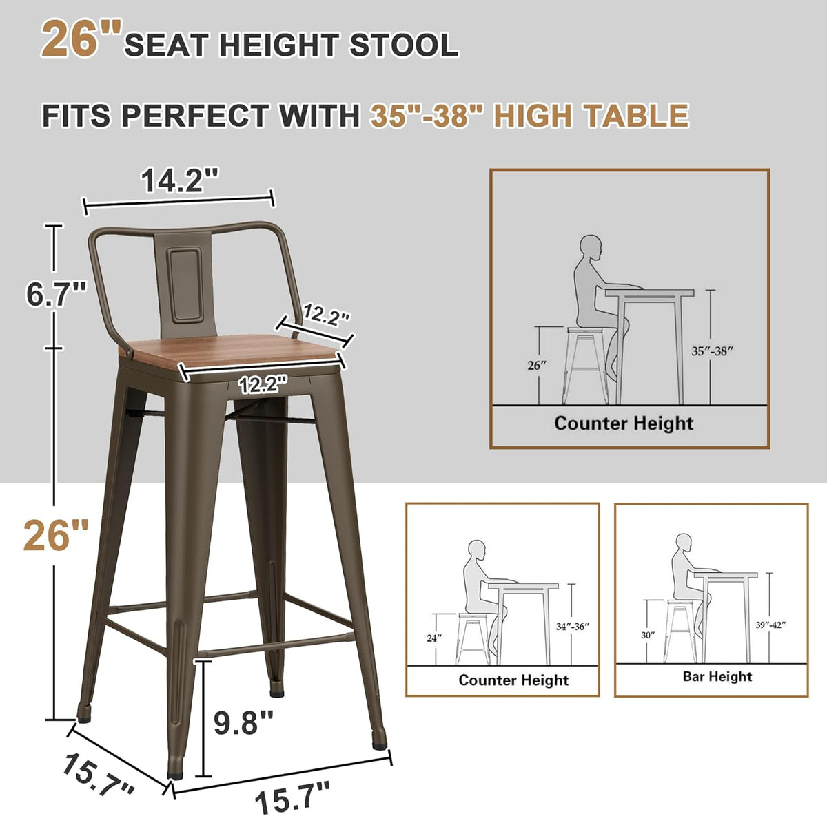 26 Inch Swivel Bar Stools Set of 4 with Backs Counter Height Industrial Metal Barstools Island Bar Chairs for Home Kitchen Dining Room (Swivel 26 inch,Rusty Wooden)