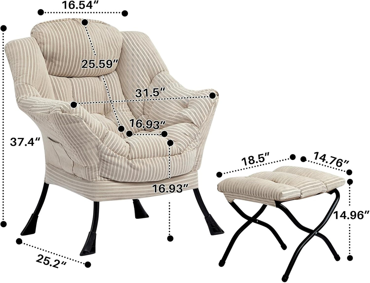 HollyHOME Fabric Lazy Chair with Foldable Ottoman, Accent Comfy Lounge Arm Chair and Folding Footrest Stool Set, Leisure Sofa Reading Chair and Footstool for Living Room, Bedroom, Dorm, Beige Stripe