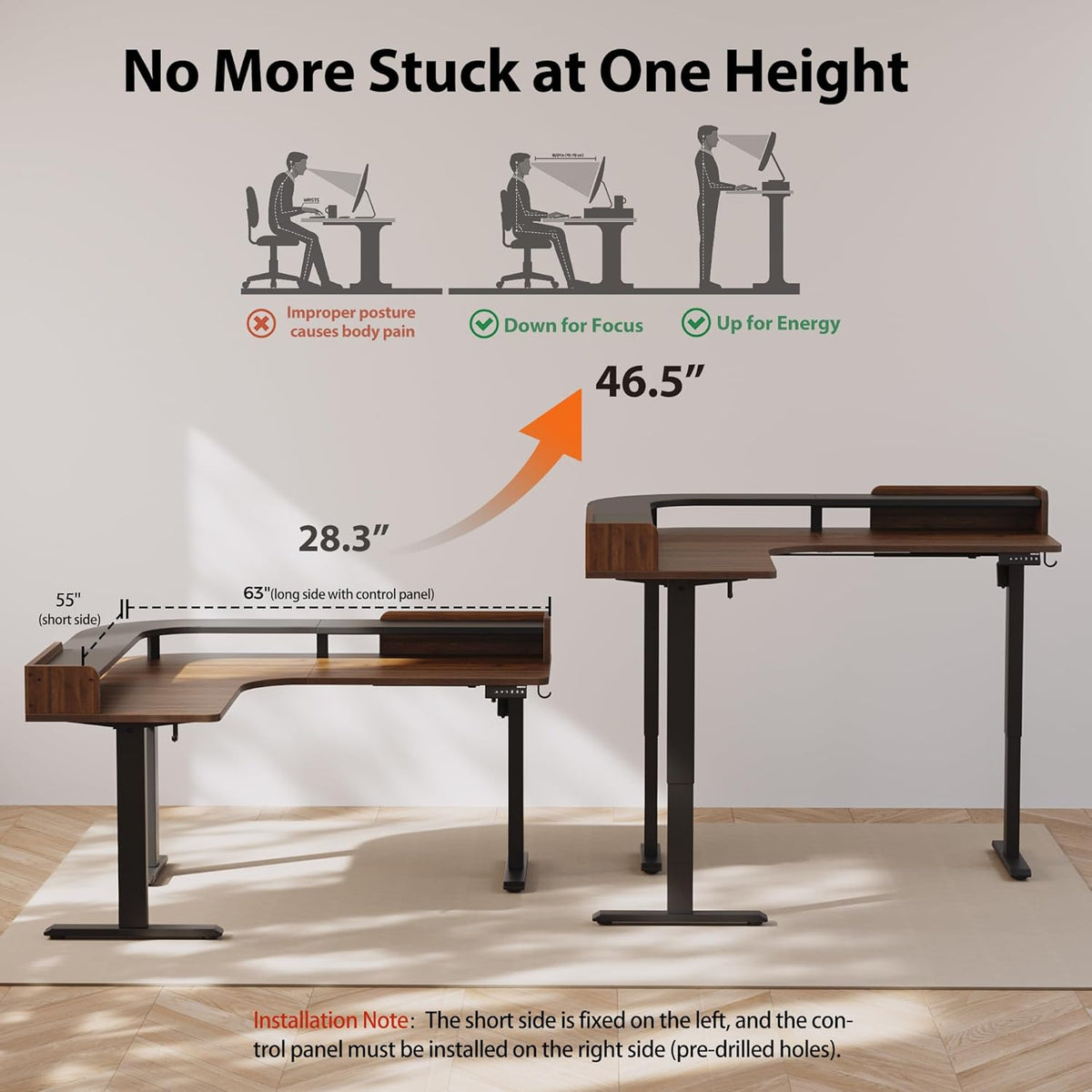 Agilestic L Shaped Standing Desk, Corner Desk with Monitor Shelf, Adjustable Height Gaming Table, Sit Stand Up Table, 63 x 55 Inch Home Office Computer Workstation, Splice Board, Dark Walnut