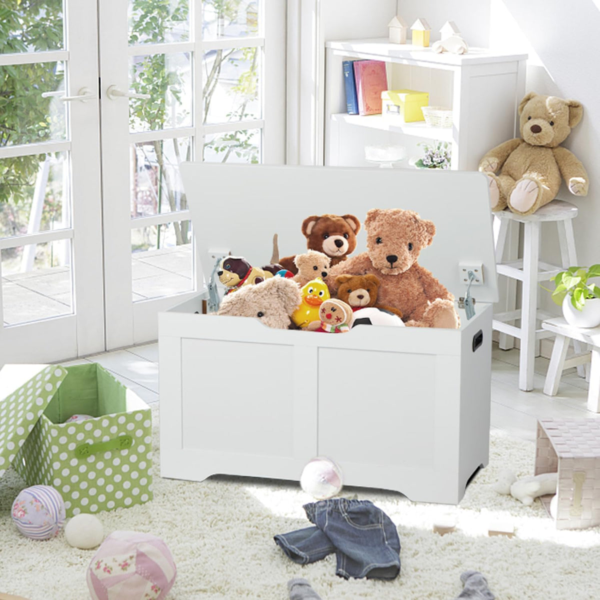 31.5" Storage Chest, Wooden Storage Bench, Lift Top Toy Chest with 2 Safety Hinges, Large Toy Box, Entryway Shoes Bench for Living Room, Bedroom, White