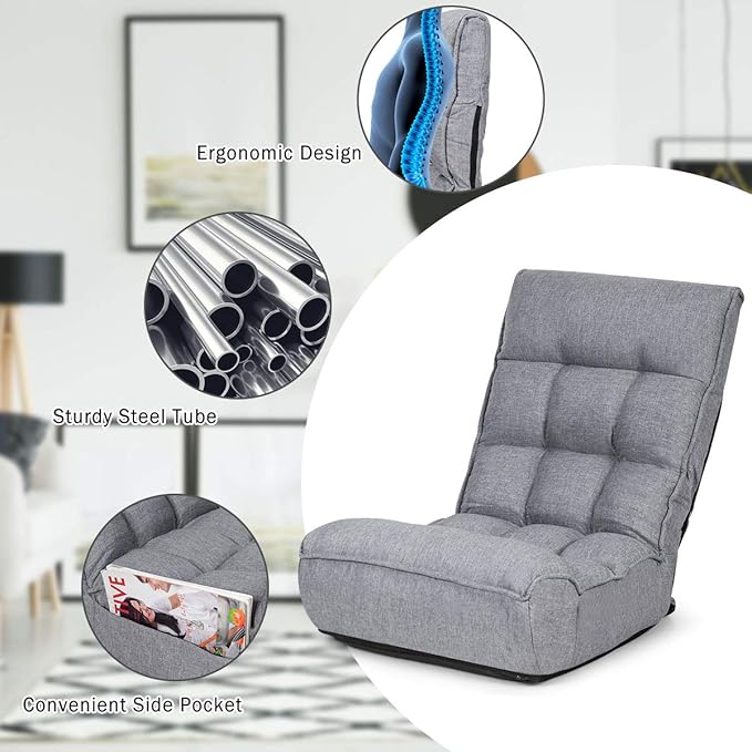 DORTALA Foldable Floor Chair for Adults, Memory Foam Floor Gaming Banana Chair w/ 5-Position Adjustable Head and Back Support for Bedroom, Living Room, Gaming Room, Grey