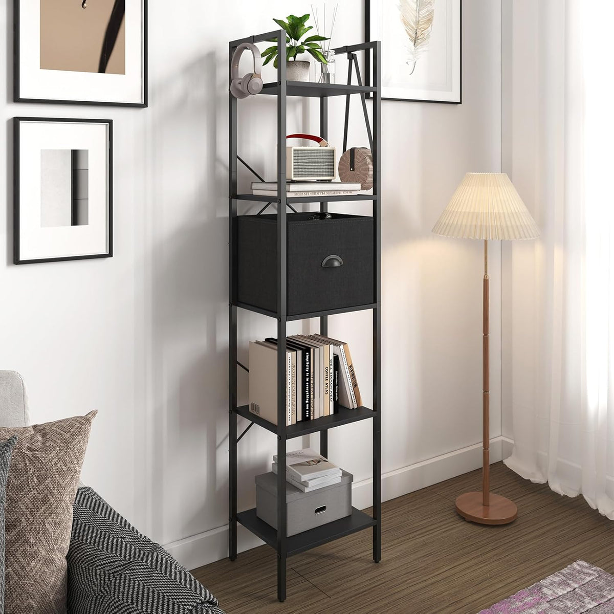 Generic 5 Tier Bookshelves,Tall Narrow Bookcases with Shelves, Bookcase Storage Organizer,Industrial Bookshelf with Drawer,Display Shelves Bookcases for Living Room, Bedroom,Kitchen and Office,Black