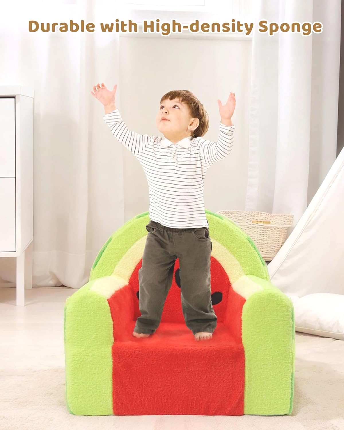 Toddler Chair, Comfy Foam Kids Couch with Soft Velvet Cover, Toddler Couch with Cute Watermelon Design for Gaming and Studying, Kids Sofa for Boys and Girls
