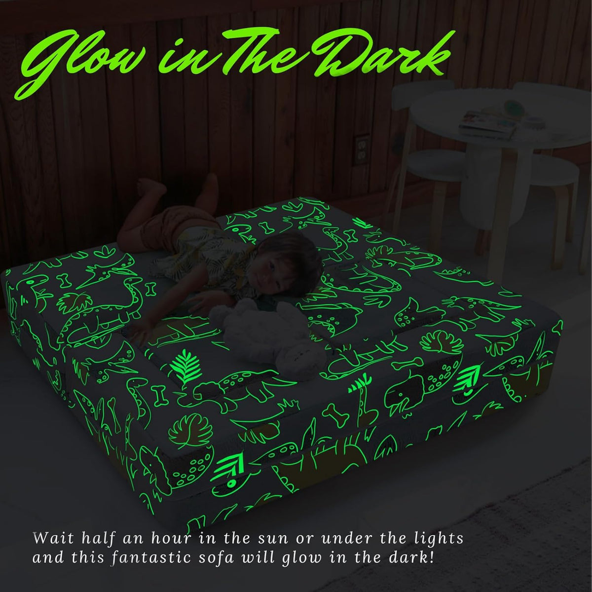 MeMoreCool Modular Kids Sofa,Toddler Play Couch Fold Out for Playroom, Dinosaur Glow in Dark Convertible Plush Foam Chair for Childrens