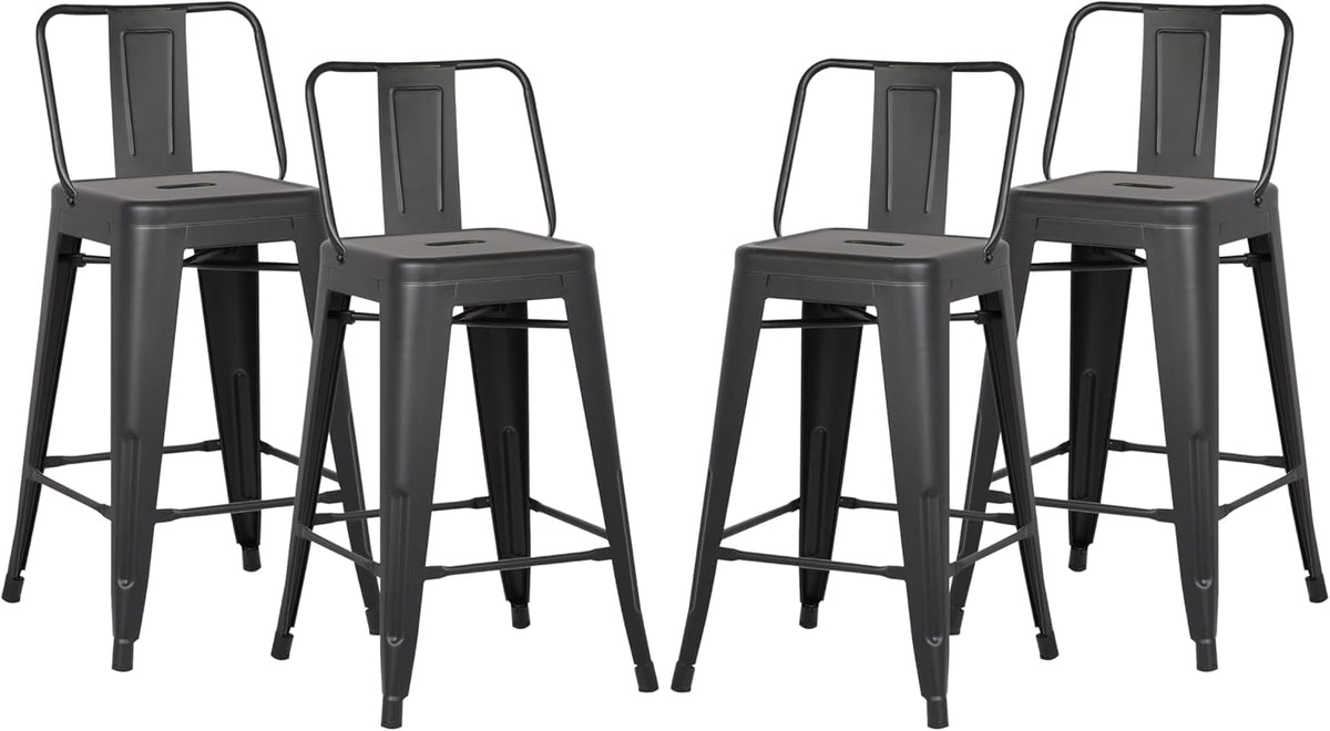 AC Pacific 24” Metal Barstool Set of 4 – Country Rustic Style with Low Back, Lightweight & Sturdy Build, Easy Assembly – Matte Black