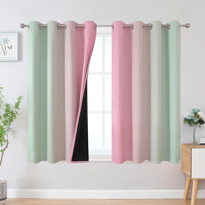 Estelar Textiler Sage and Pink Blackout Curtains 45 Inch Length, Light Blocking
