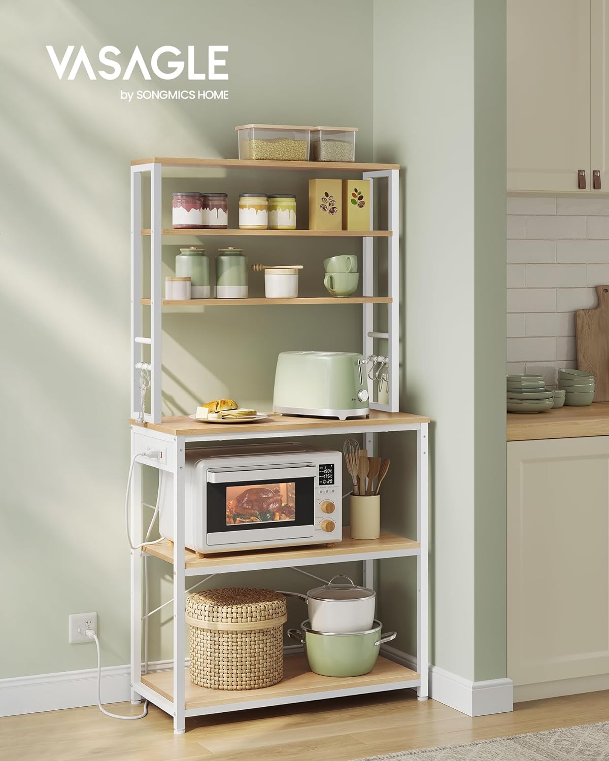 VASAGLE Bakers Rack with Power Outlet, 31.5 Inches Coffee Bar for Kitchen with Storage, 6-Tier Kitchen Shelves with 6 Hooks, Microwave Stand, Golden Oak and White UKKS119Y01