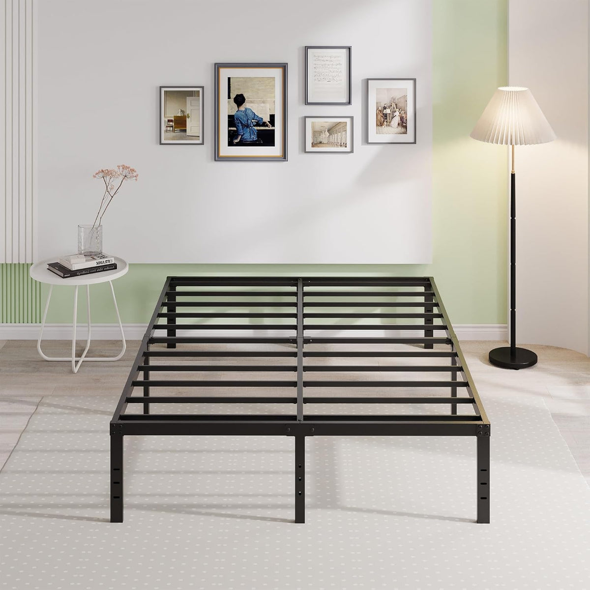 EMODA 16 Inch Bed Frame Queen Size Heavy Duty Metal Platform No Box Spring Needed with Steel Slat Support, Easy Assembly, Black