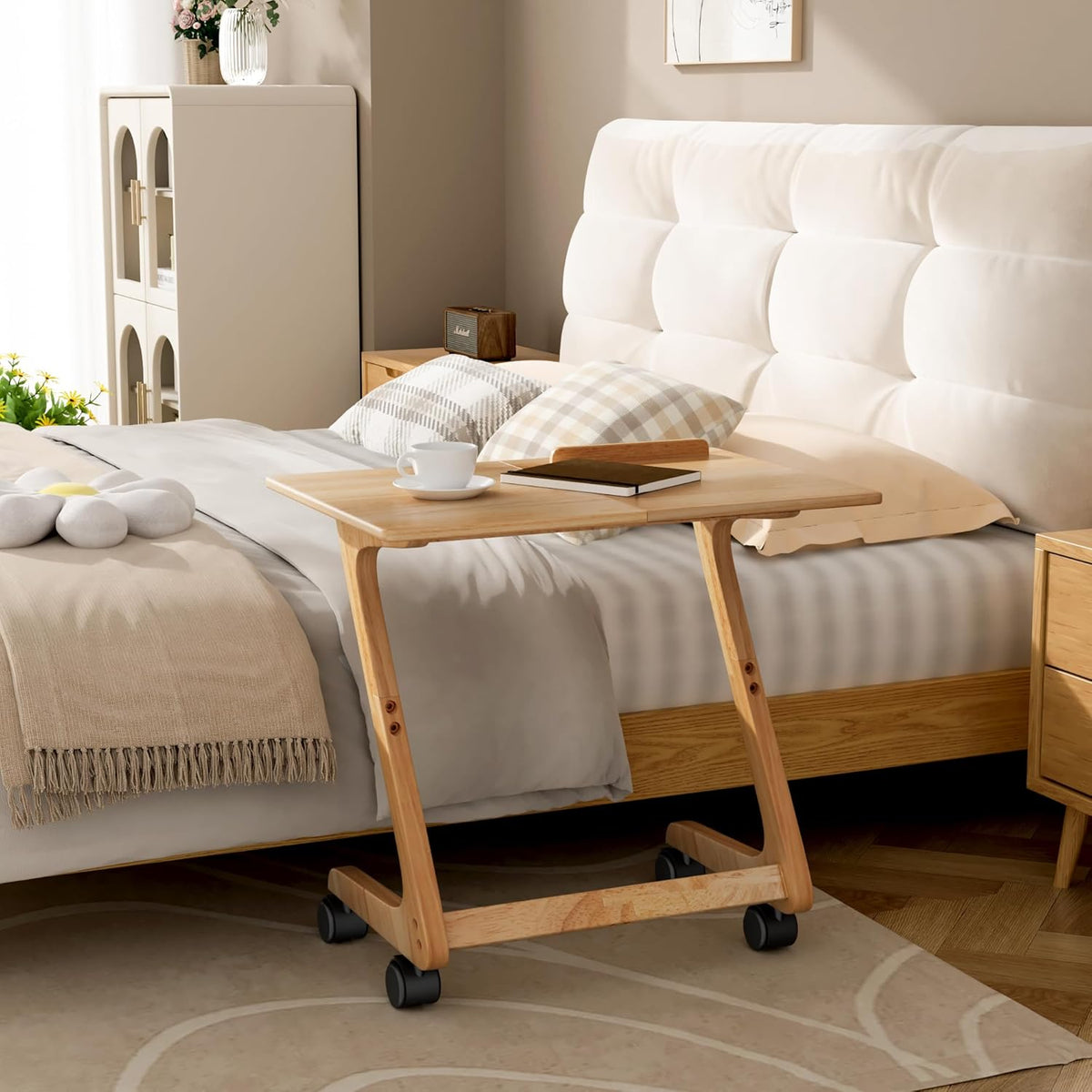 TV Tray Table, TV Dining Table with Casters for Small Spaces, Solid Wood End Table, Sofa Couch Side Table Removable Snack Tray for Coffee Bed Sofa Eating Writing Reading Living Room Bedroom