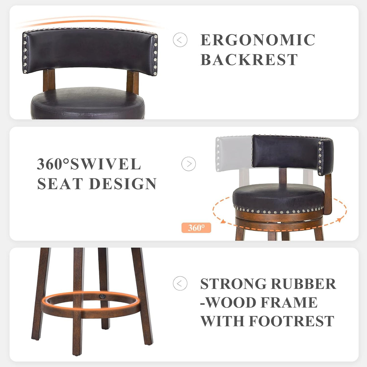 COLAMY Swivel Bar Stools Set of 2, Swivel Counter Height Barstools, 25 Inch Upholstered Barstools for Kitchen Island Dining Room Bar, Dark Brown