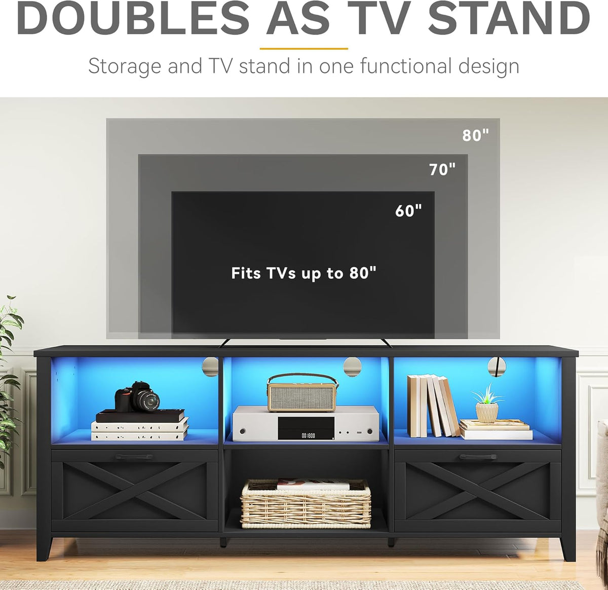DWVO 70 Inch Farmhouse TV Stand with LED Lighting, Fits TVs up to 80 Inches, Media Console with Storage and Customizable Divider, Entertainment Center for Living Room (Black)