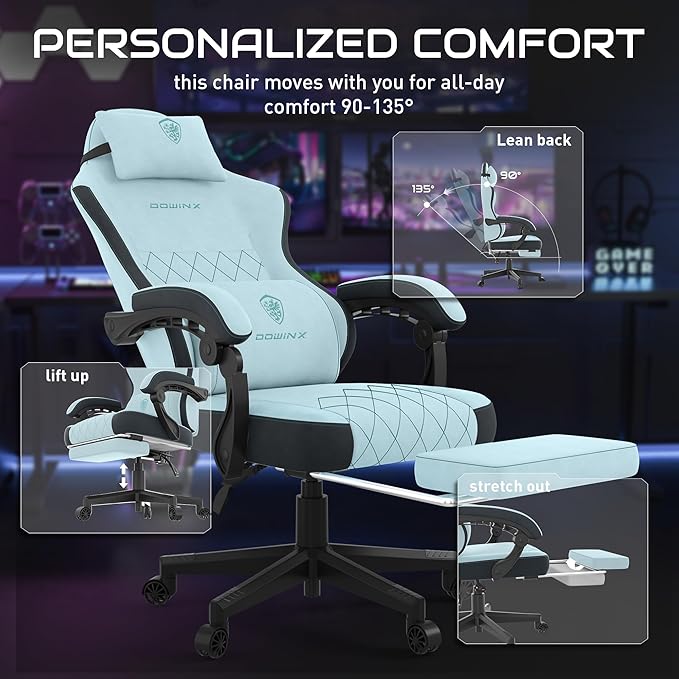 Dowinx Gaming Chair, Fabric Gaming Chairs for Adults with Pocket Spring Cushions and Lumbar Support, Ergonomic Massage Computer Chair with Footrest for Big and Tall, Aqua