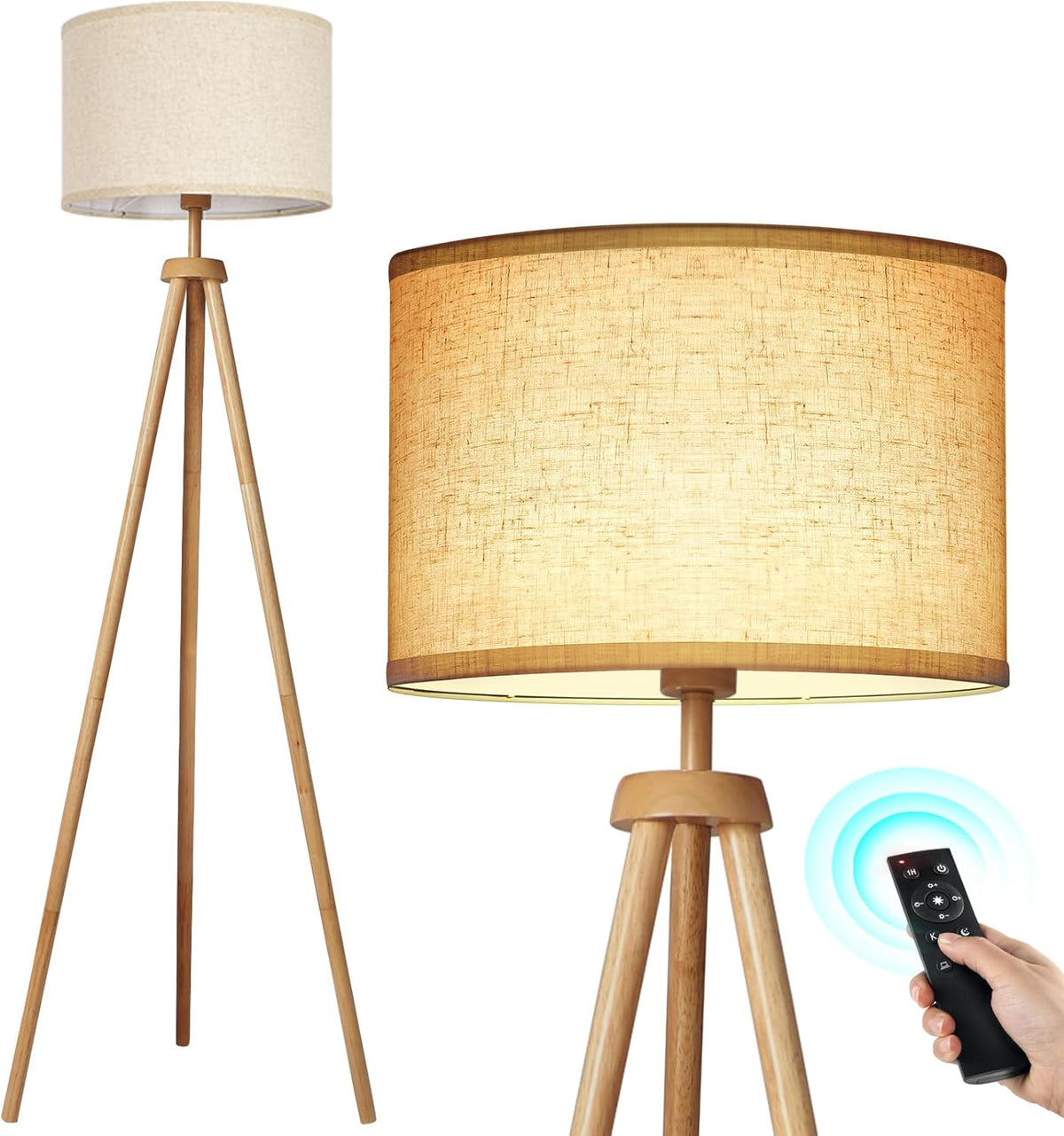 OUTON Tripod Floor Lamp, Floor Lamp with Remote Control, 4 Color Temperature, Modern Dimmable Tall Standing Lamp with Beige Linen Texture Shade for Living Room, Bedroom, Office (Nature Wood)