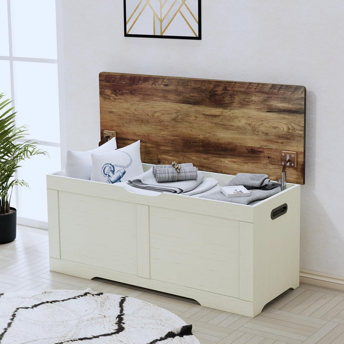 39.4" Storage Chest, Wooden Storage Bench, Lift Top Toy Chest with 2 Safety Hinges, Large Toy Box, Entryway Bench for Living Room, Bedroom, Brown and Rustic White