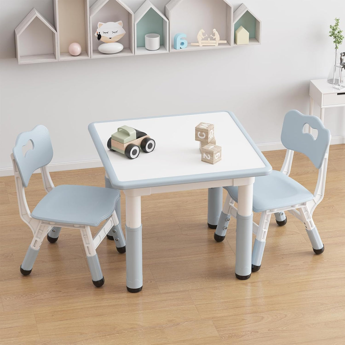 GarveeHome Kids Table and 2 Chairs Set, Height Adjustable Toddler Table and Chair Set for 2, Graffiti Desktop, Non-Slip Design, Children Table for Home Daycare Preschool for Ages 2-8, Gray Blue