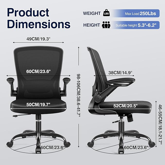 Ergonomic Office Chair, Mesh Computer Chairs with Lumbar Support, Swivel Desk Chair with Flip-up Arms and Adjustable Height, Black