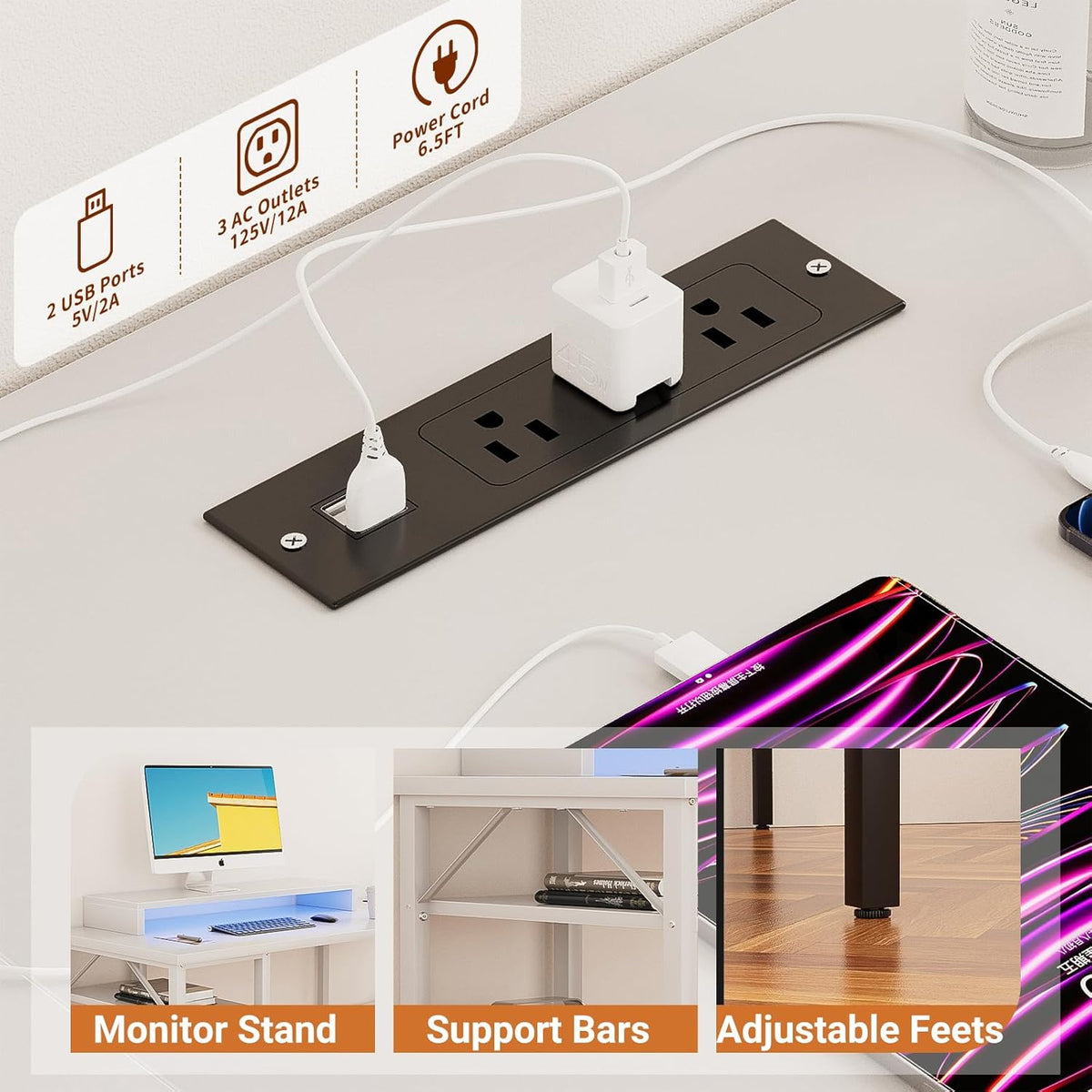 Unikito Reversible L Shaped Computer Desk with Power Outlets and Monitor Stand, Sturdy Corner Desk with RGB LED Light and Storage Shelves, Modern Work Desk for Home Office, Easy to Assemble, White