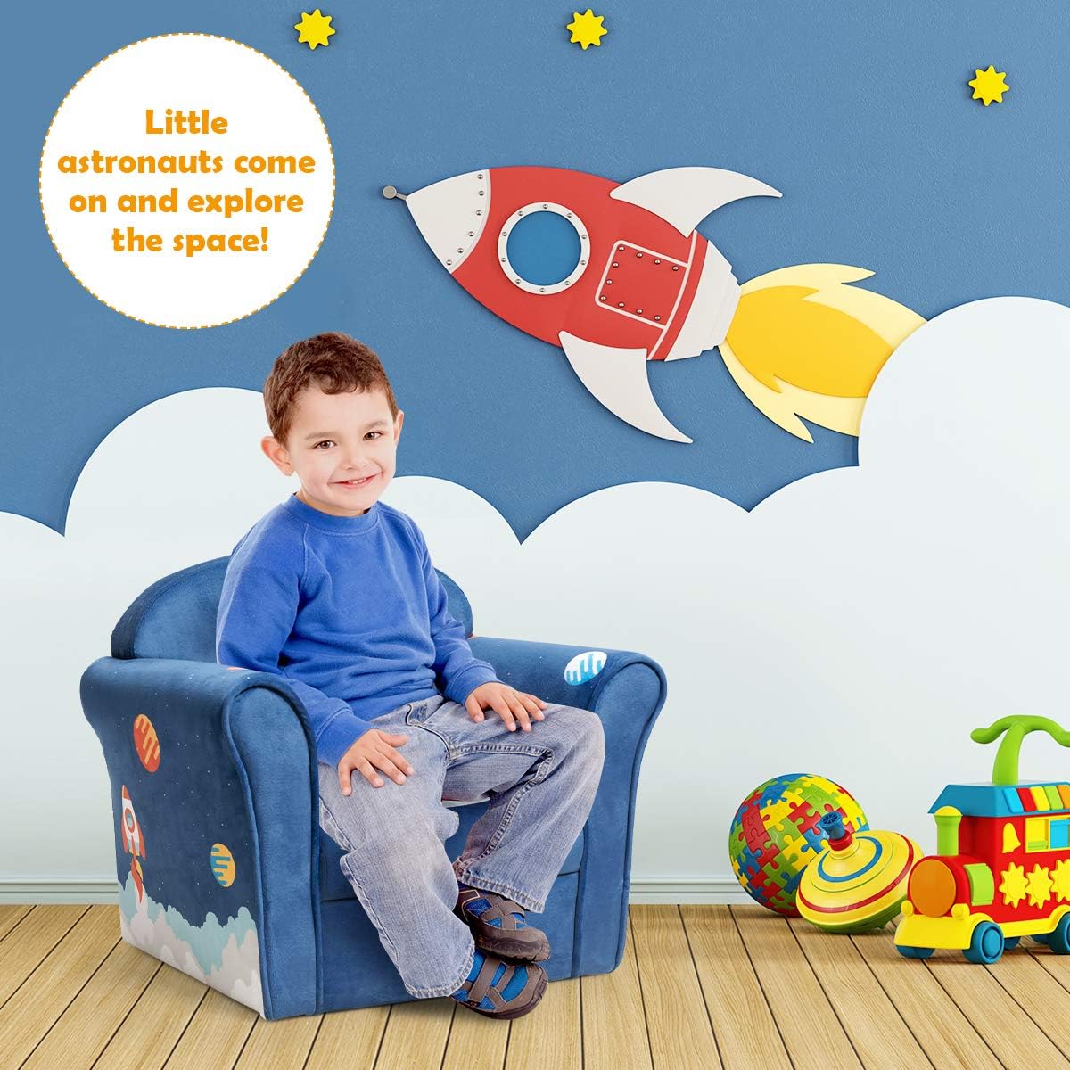 Costzon Kids Couch, Children's Sofa Armrest Chair with Pattern, Toddler Furniture w/Sturdy Wood Construction, Preschool, Lightweight Children Couch Sofa Chair for Aged 1-5 Boys & Girls Gifts, Spaceman