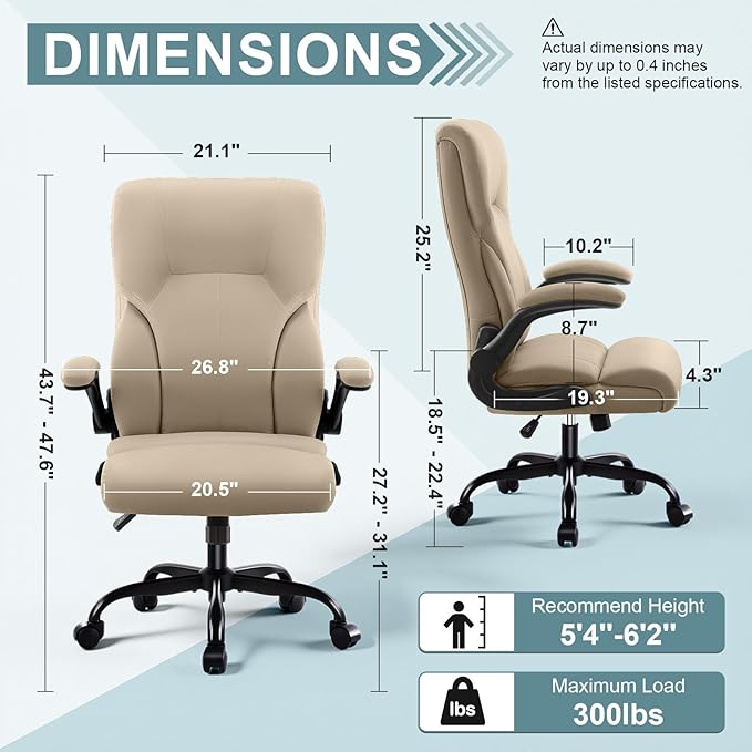 Executive Office Chair, High Back Ergonomic Comfy Desk Chair with Padded Flip-up Armrests and Wheels, PU Leather Heavy Duty Computer Swivel Rolling Task Chair for Home Office, Adults, Khaki