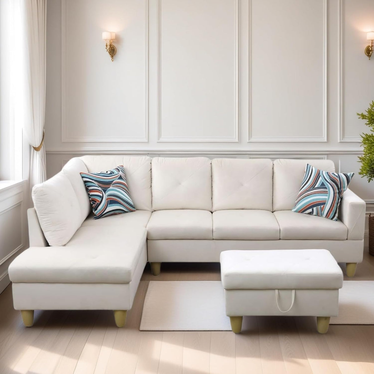 L Shaped Sectional Couch Sofa, Modern Couches for Living Room, Comfy 4 Seat Modular Sectional Sofa with Ottoman Storage for Bedroom Apartment, White
