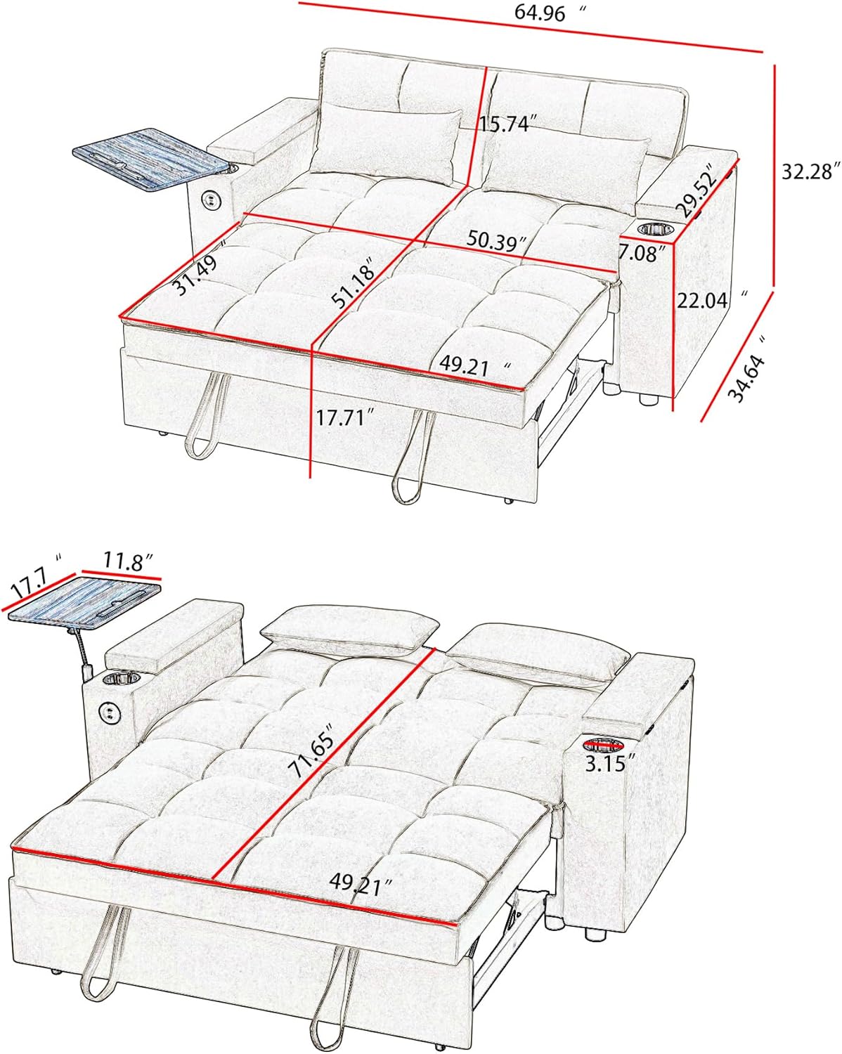 3 in 1 Queen Loveseat Convertible Sofabed Modern Living Room Multifunctional Sleeper Sofa Convertible Spacious Sofa Bed W/Pull Out Sleeper Couch Bed Armrests Storage,Cupholders,USB Ports ,Side Table