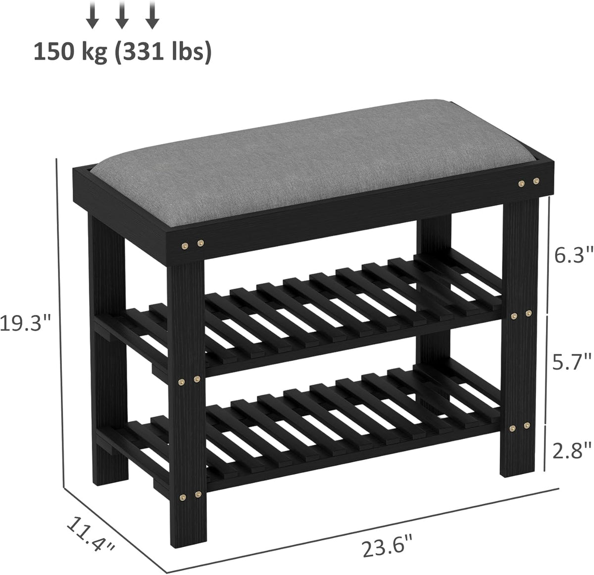 HOMCOM Bamboo Shoe Bench, 3-Tier Entryway Bench with Storage and Cushion, Shoe Organizer for Entryway, Hallway, Holds Up to 331 lbs, 23.6 x 11.4 x 19.3 Inches, Black