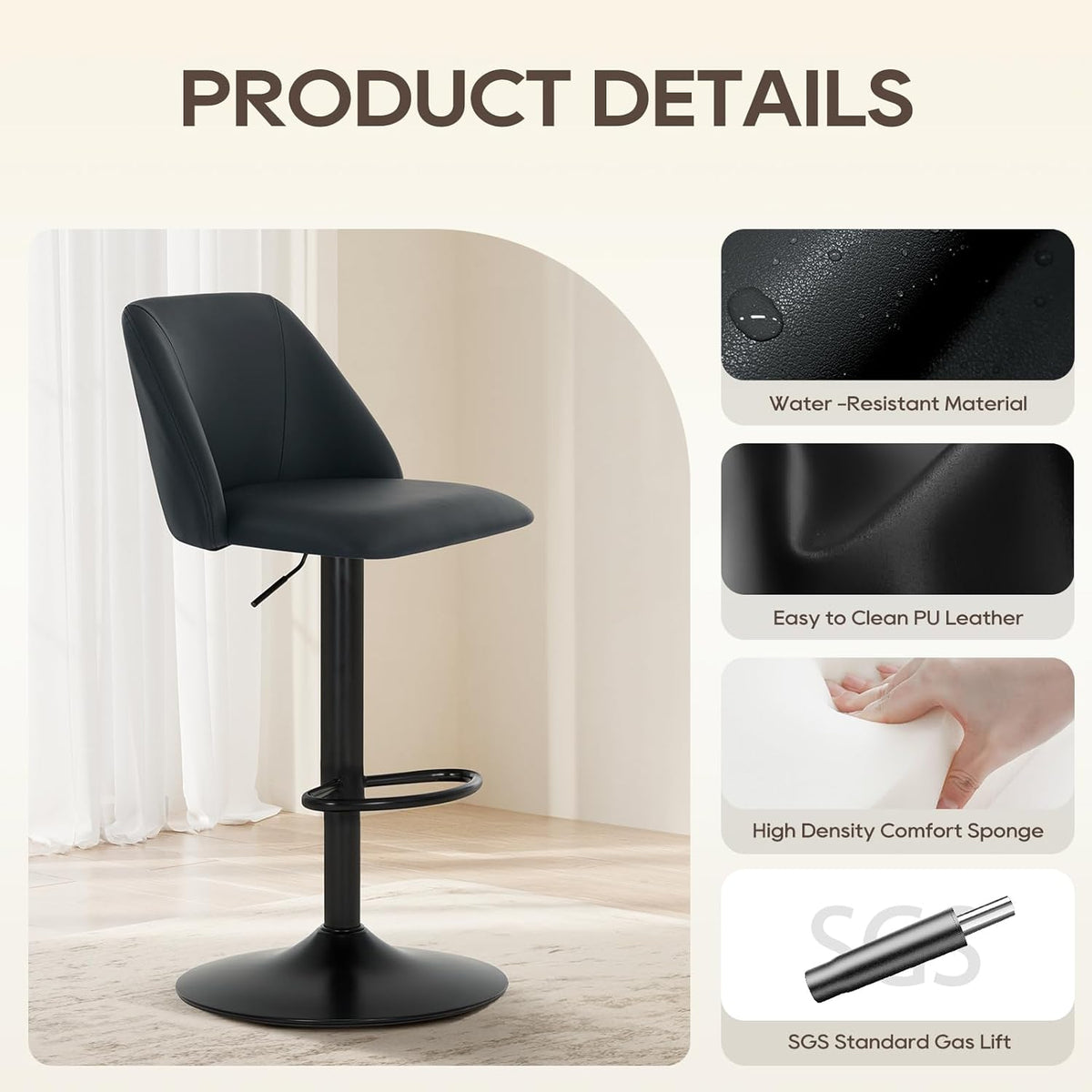 COLAMY Bar Stools Set of 6, Modern Swivel Bar Chairs, Adjustable PU Leather Upholstered Barstools Counter Height with Full Backrest for Bar, Dining Room, Kitchen Island, Black