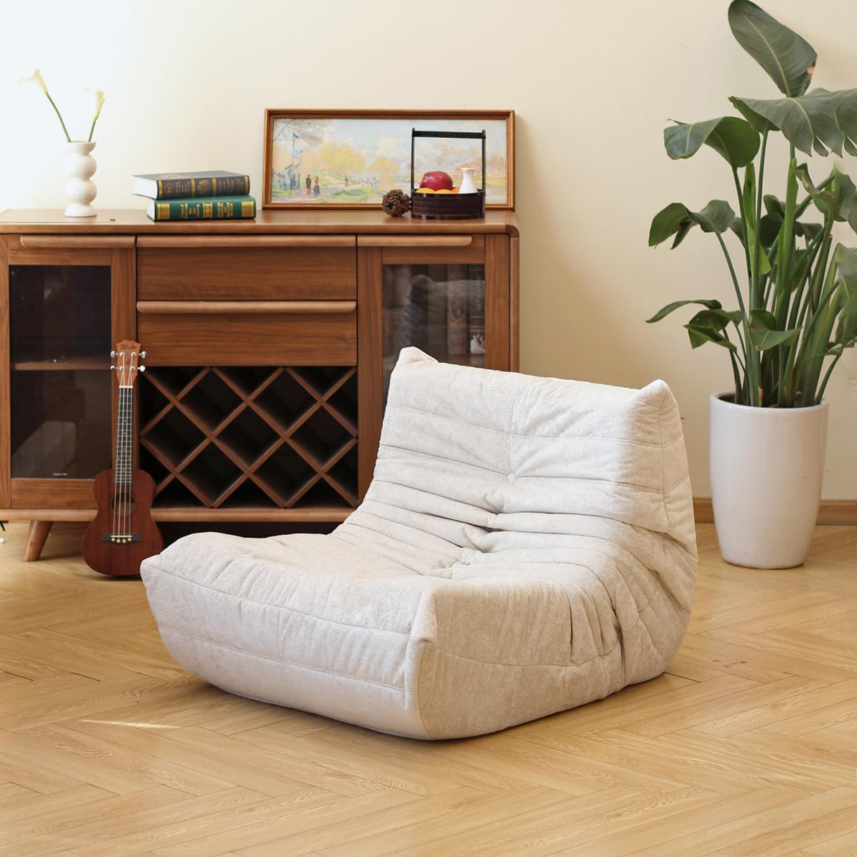 N&V Fireside Chair, Mid Century Armless Floor Sofa, Soft Premium Chenille Floor Lounge Chair, Foam Sofa Accent Chair for Living Room Bedroom and Office (White, Single)