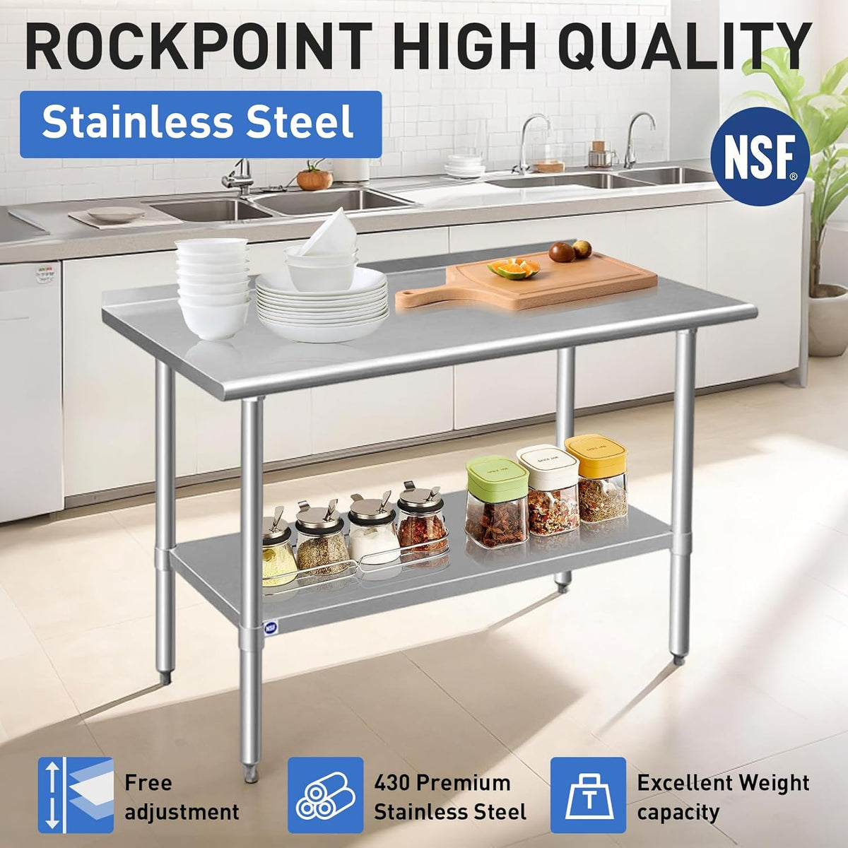 ROCKPOINT Stainless Steel Table for Prep & Work with Backsplash 18x24 Inches, NSF Metal Commercial Kitchen Heavy Duty Table with Adjustable Under Shelf and Table Foot for Restaurant, Home and Hotel