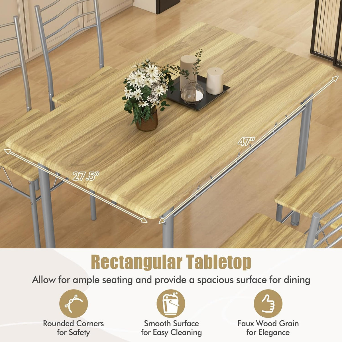 5 Piece Dining Table Set for 4 Chairs Modern Wood Metal Kitchen Breakfast Furniture (Shallow Walnut)