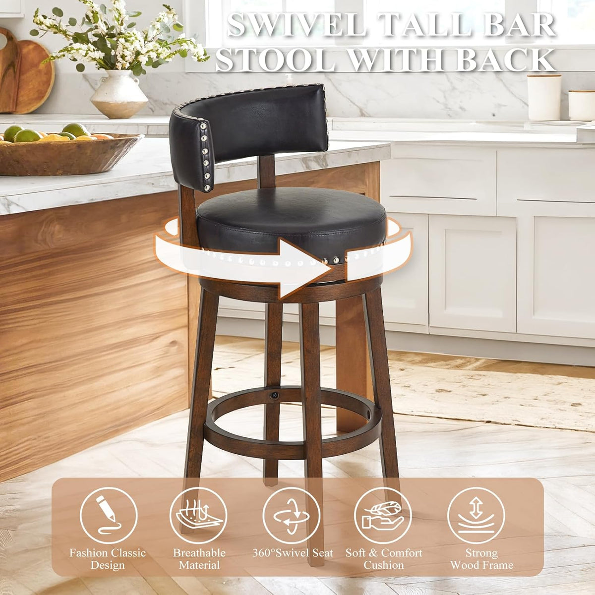 COLAMY Swivel Bar Stools Set of 2, 30 Inch Swivel Bar Height Bar Stools, Wood Swivel Barstools with Back, Modern Upholstered Wooden Barstools for Kitchen Island Dining Room Bar, Dark Brown
