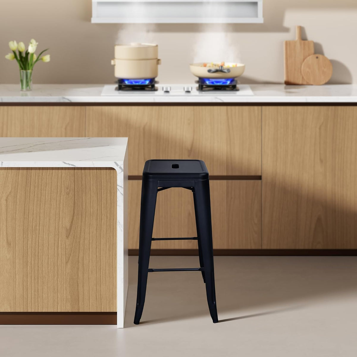 30 Inches Metal Bar Stools, High Backless Stools, Indoor Outdoor Stackable Kitchen Stools, Set of 4, Black