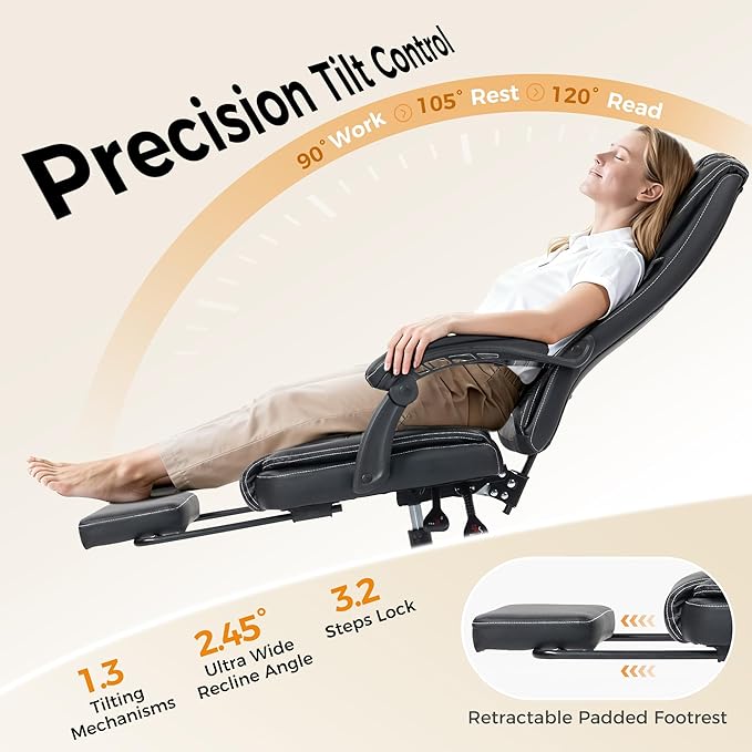 Office Chair with Footrest, Executive Breathable Leather Office Desk Chair with Lumbar Support - Ergonomic Comfy Wide Reclining Swivel Rolling Gaming Computer Chair with Adjustable 90-135° High Back