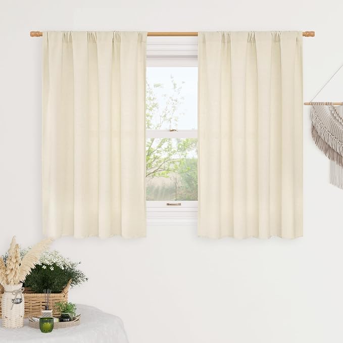 LAMIT 48 Inch Short Window Linen Curtains, Light Beige Soft Thick Light