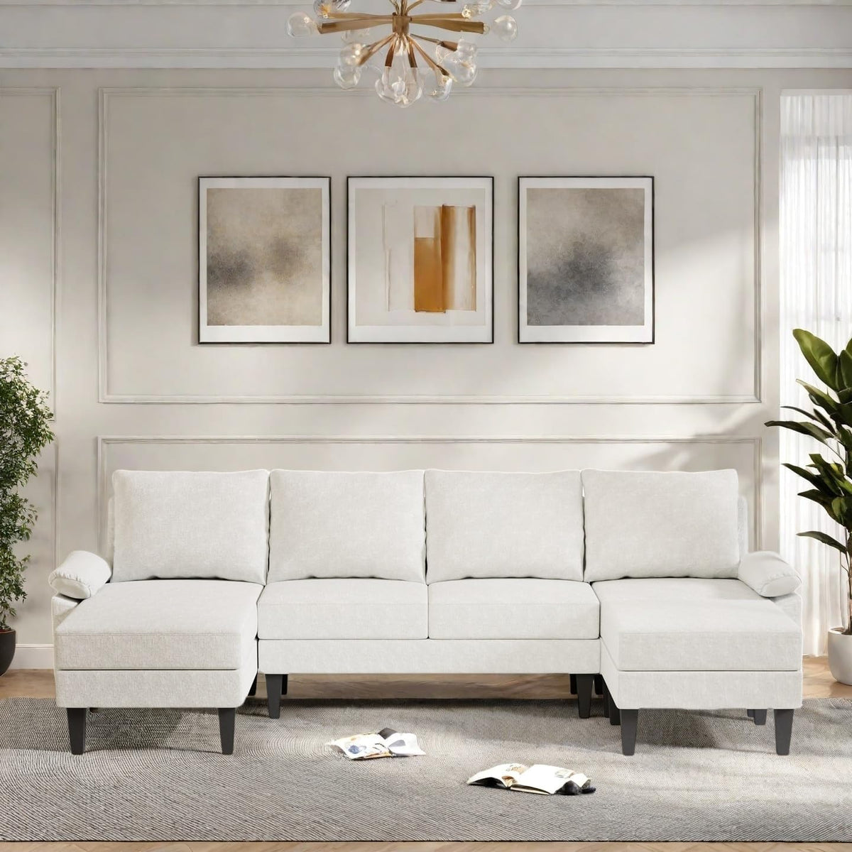 115 Inch U Shaped Sectional Couch with Chaise, 5-Seat Sofa with Moveable Ottoman, Modern Modular Sofa for Living Room, Apartment, Off-White